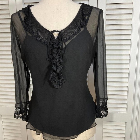 ECI S Black Silk Chiffon Ruffle & Lace Sheer Top & Camisole Womens Size Small - Picture 5 of 13